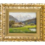 Landschaftsmaler um 1900, Berghof mit Alpenpanorama im Hintegr., Öl auf Holz, u. re.undeutlich