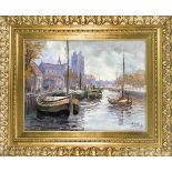 Josef Dederichs (1873-1948/58), große Ansicht eines holländischen Hafens mit gotischerKirche im