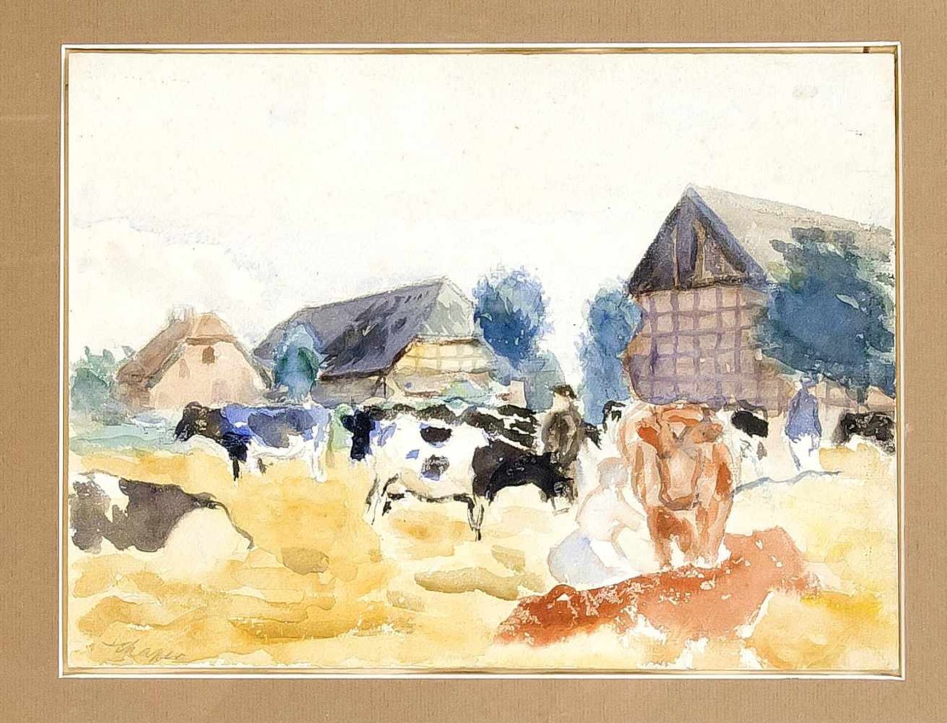 Friedrich Schaper (1869-1956), weidende Kühe vor großem Fachwerkhof, Aqaurell aufgenarbtem Papier,