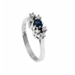 Saphir-Diamant-Ring WG 585/000 mit einem rund fac. Saphir 4 mm und 6 Diamanten, zus. 0,12ct W/VS, RG