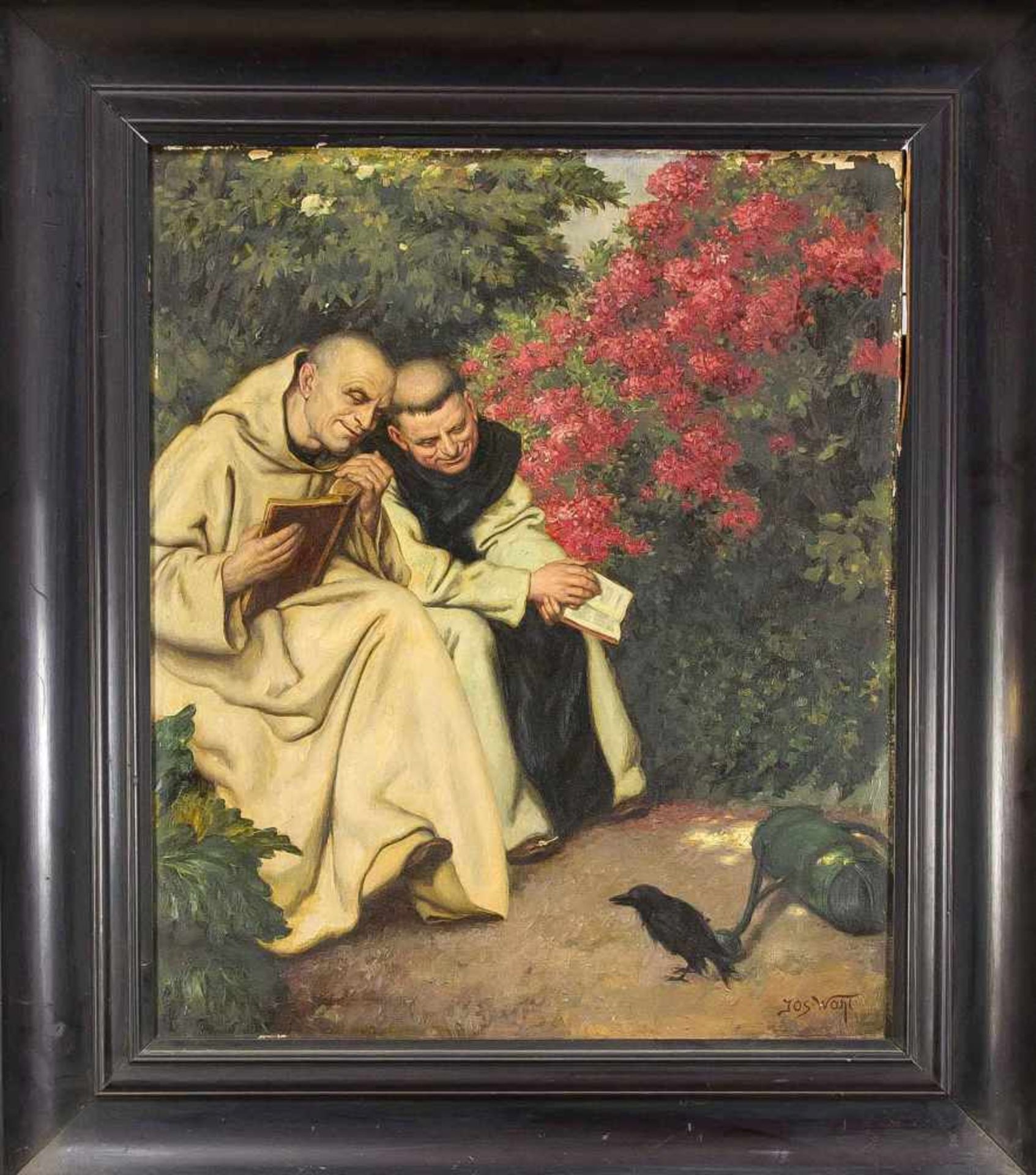 Josef Wahl (1875-1951), Düsseldorfer Maler, Gartenstück mit zwei Mönchen die verzückt eineKrähe