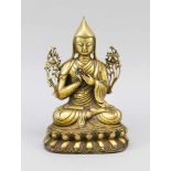 Tsongkhapa, Sinotibetisch, 20. Jh., Bronze vergoldet. Im Padmasana auf doppeltemLotosthron