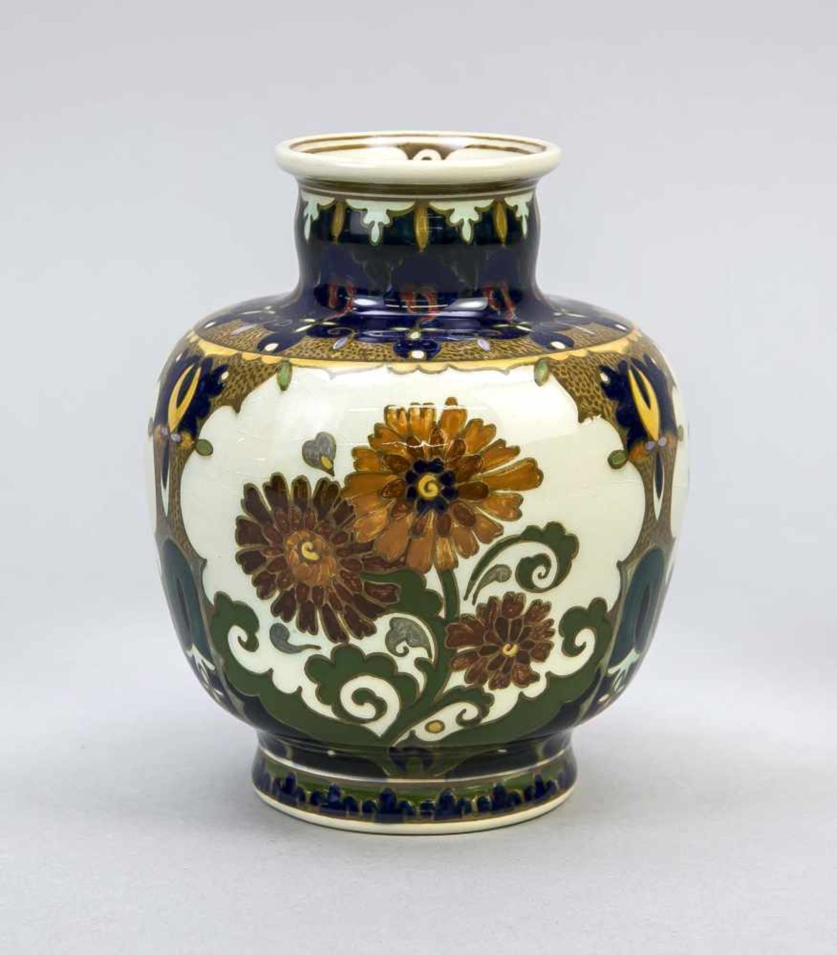 Jugendstil Vase, Rozenburg, den Haag, Anf. 20. Jh., Keramik, glasiert, gebauchte Form,umlaufende