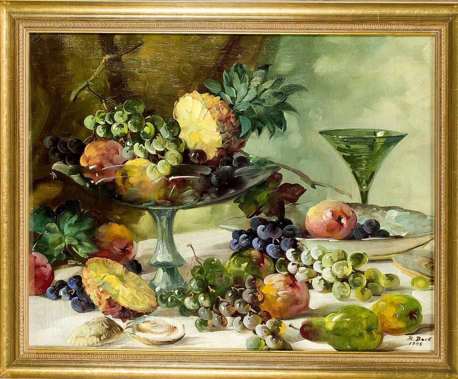 R. Bock, Stilllebenmaler um 1900, üppiges Früchtestillleben mit Austern, Öl auf Lwd., u.re. sign. u.