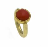 Korallen-Ring GG 750/000 mit einem runden Korallen-Cabochon 11,5 mm, RG 54, 16,7 gCoral ring GG