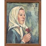 Unidentifizierter Maler der neuen Sachlichkeit um 1920, Portrait einer Dame mit Kopftuchund roter