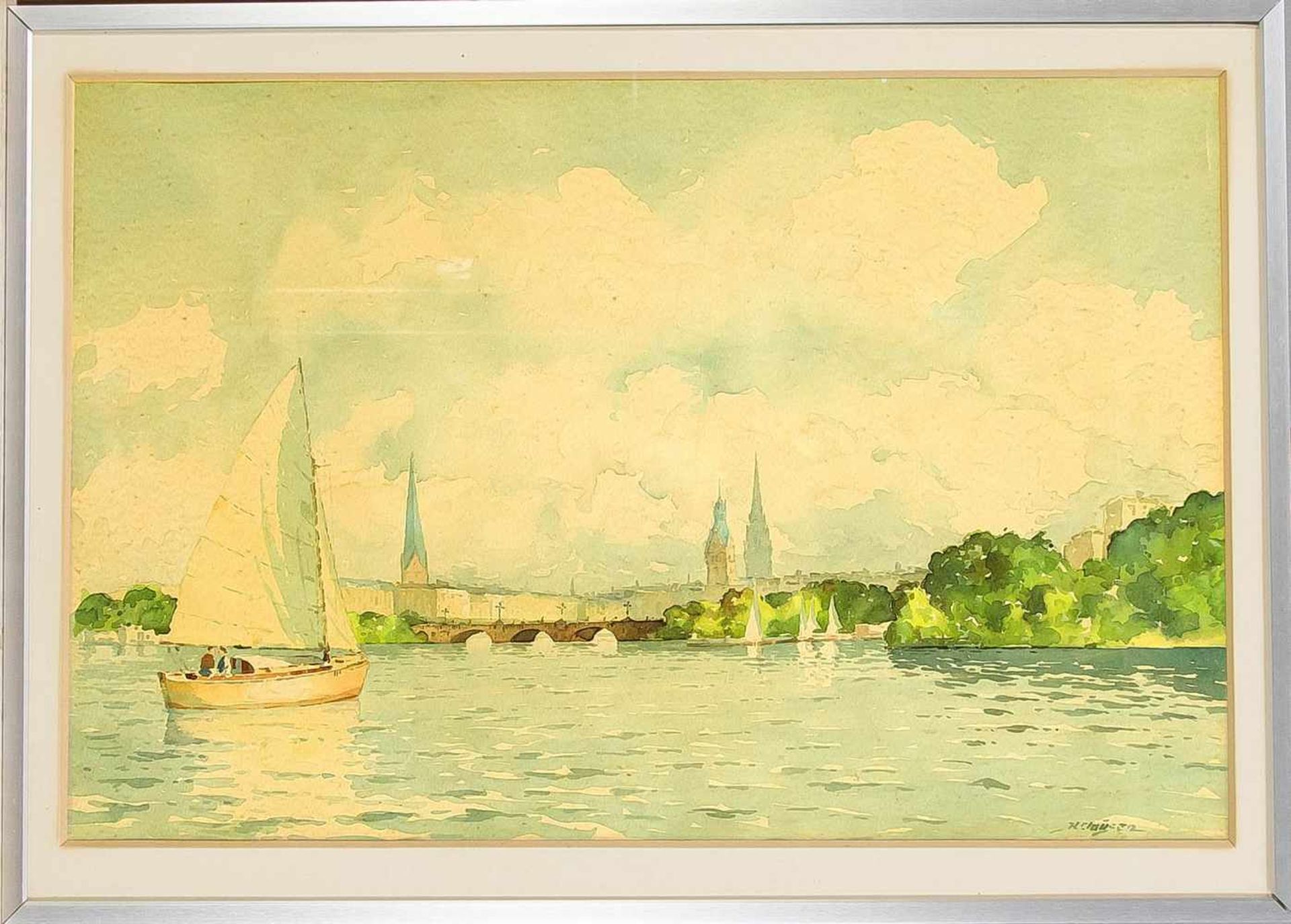 Hans Clausen (1896-1972), Blick von der Alster auf Hamburg, Aquarell auf Papier, u. re.sign.,