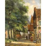 Holländischer Maler des 19. Jh., Dorfstrasse mit Staffagefiguren, Öl auf Holz, unsign.,rest. u.