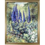 Dt. Maler im Stil des Impressionismus, Mitte 20. Jh., großes Gartenstück mit Rittersporn,Öl auf Lwd.