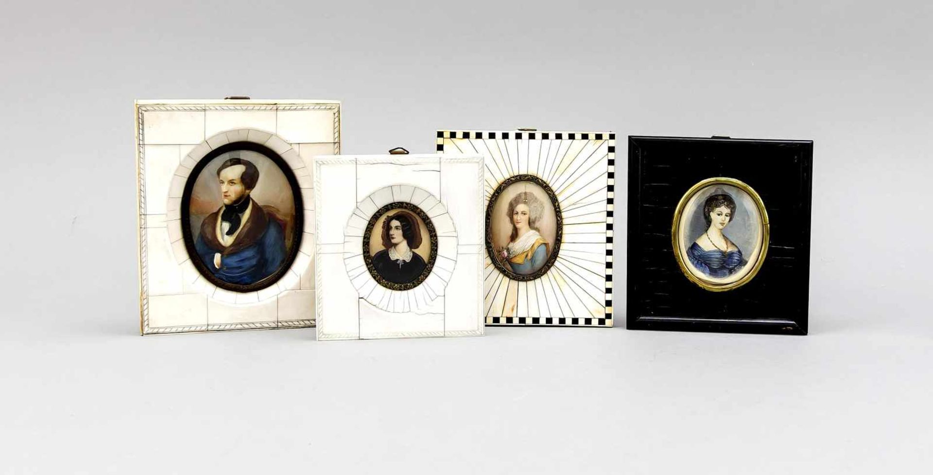 Konvolut von vier Miniaturen des 19. Jh., ovale Bildnisminiaturen in Tempera aufBeinplatten, eine