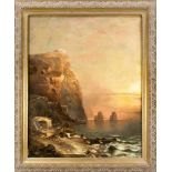 Anonymer Maler Ende 19. Jh., Fischer an einer Felsenküste im Golf von Neapel imAbendlicht, Öl auf
