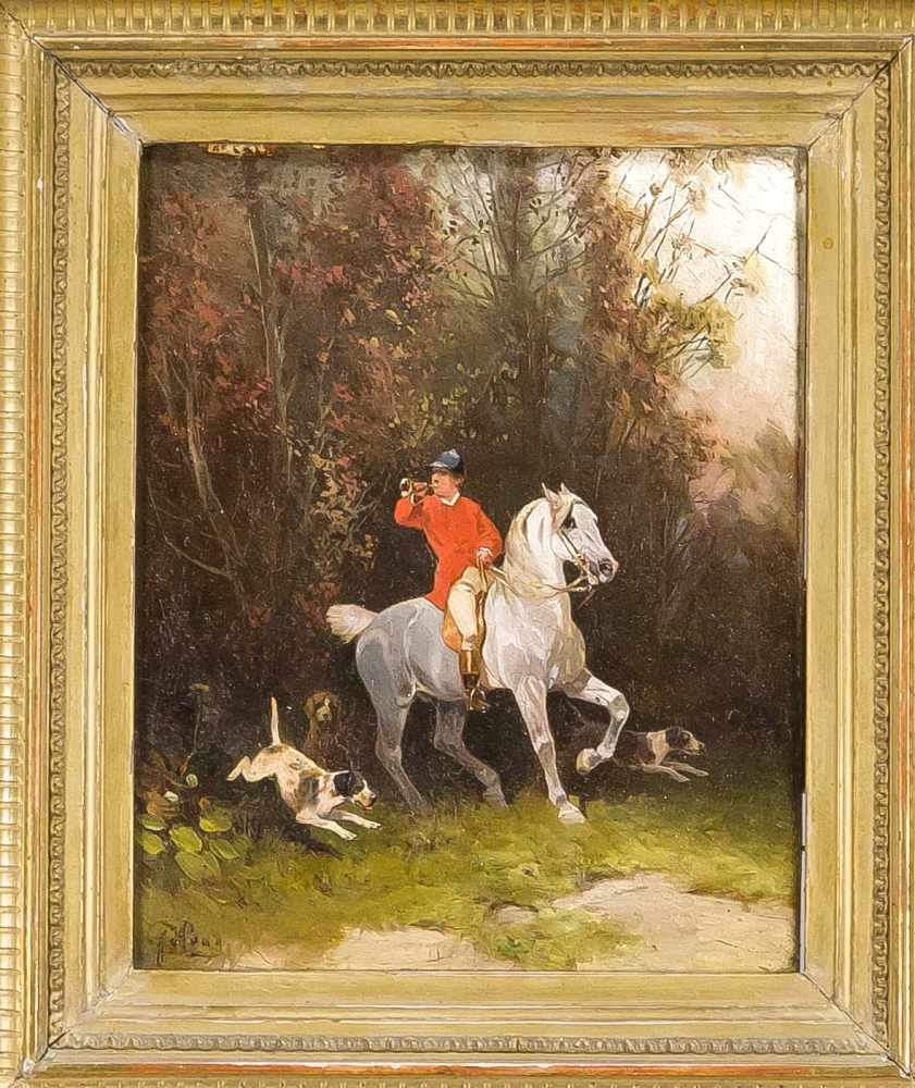 Unidentifizierter Maler des 19. Jh., Parforcejäger mit Jagdhunden auf einer Waldlichtungin sein Horn