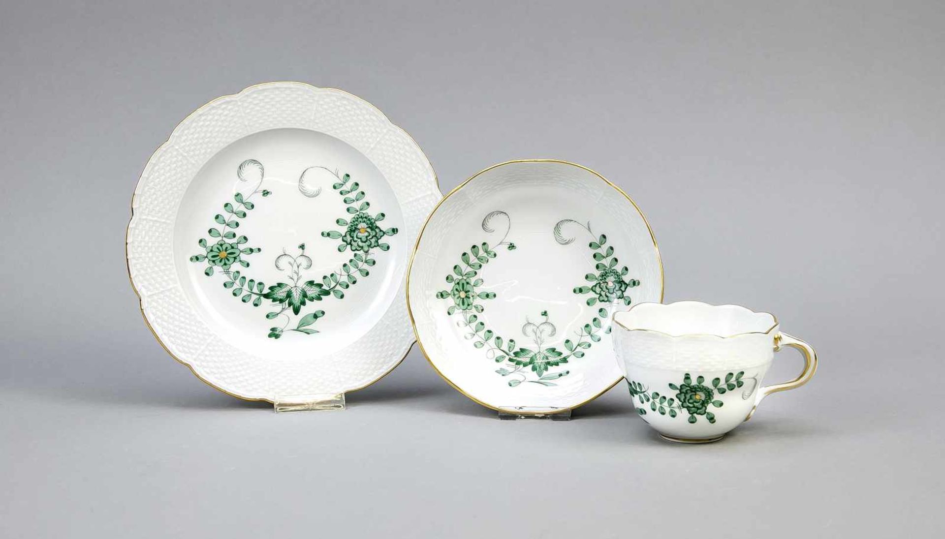 Kaffeegedeck, 3-tlg., Meissen, 1970er Jahre, 2. W., Form Ozier, Dekor Indisch Grün,ziervergoldet,