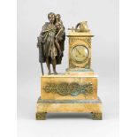 Figuren Pendule im Empire Stil, beigefarbener Marmor mit brauner Maserung, bronzierterKrieger mit