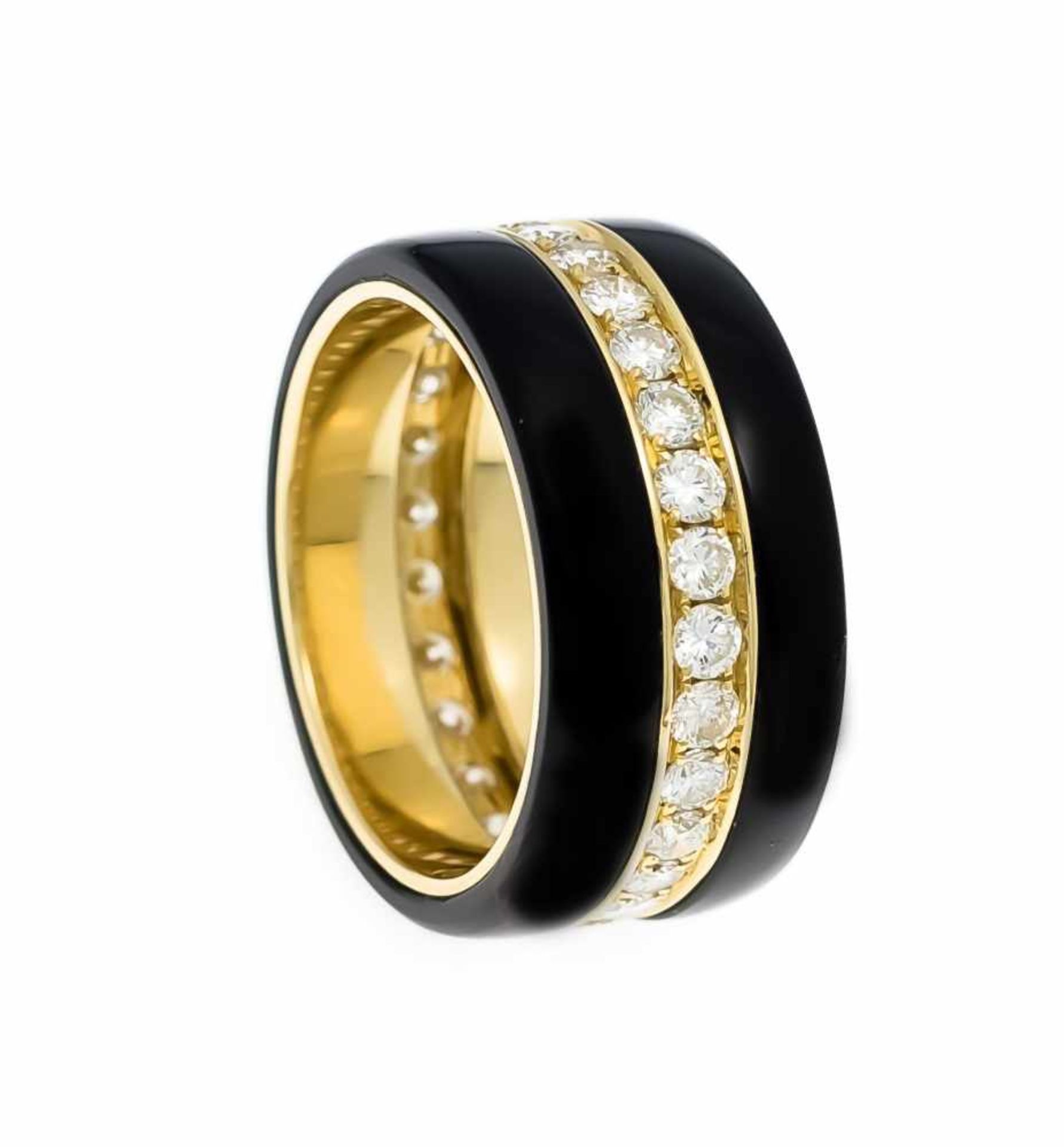 Onyx-Brillant-Ring GG 750/000 mit 2 Onyx-Ringen, zus. 6,84 ct und 28 Brillanten, zus. 1,22ct Weiß (