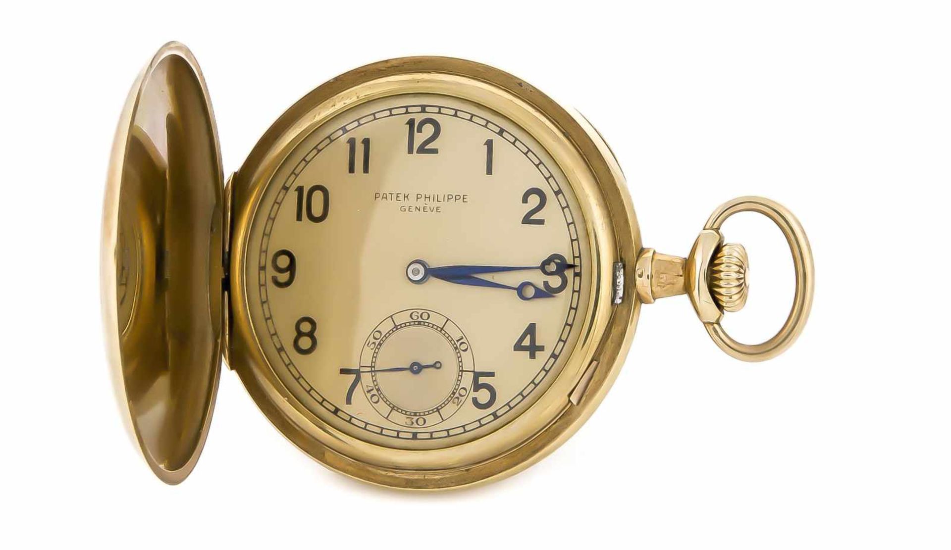 Sprungdeckel, Herrentaschenuhr Patek Philippe Geneve, 585 Gold, 3 Deckel, um 1900, Uhrwerksehr gut