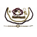 Großes Modeschmuck Konvolut mit teilweise mit Granat, Collier, Armband, Uhr, Ring, dazu 3Ringe, 2