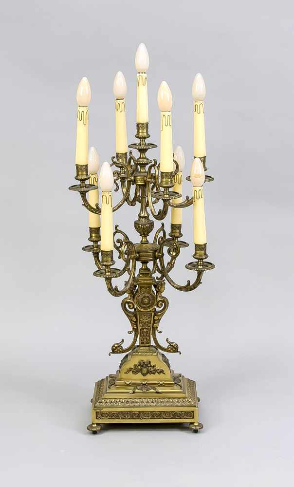 Großer Leuchter im Empire-Stil, Bronze?, 9-flg,. elektr., schwerer, ornamental verzierter,mehrfach