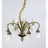 Ausgefallene Jugendstil-Deckenlampe, um 1900, elektr., 5-flg., Messing, spiralförmig insich