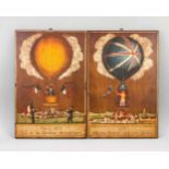 Paar Bilder mit Ballons/Montgolfieren, 20. Jh., polychrom auf Holzplatte. 1 x Frankreich,1 x