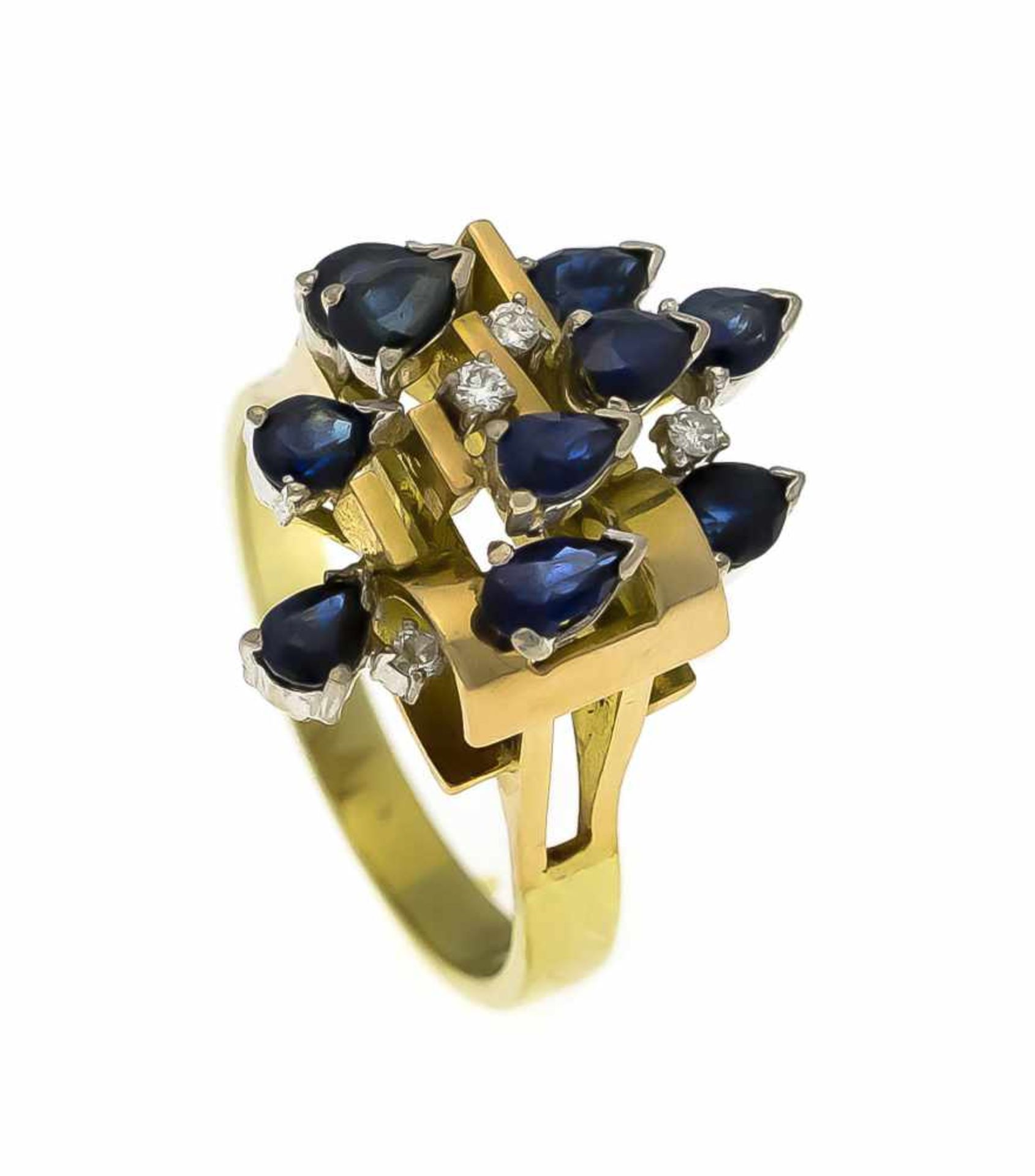 Saphir-Brillant-Ring GG/WG 585/000 mit 10 tropfenförmig fac. Saphiren 4,5 x 3 mm und 3Brillanten,