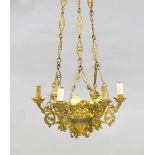 Prächtige Deckenlampe, wohl spätes 19. Jh., 6-flg., Bronze, vergoldet (ber.) und partiellblau