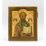 Ikone des heiligen Nikolaus, Russland, 19. Jh., polychrome Temperamalerei und Blattgoldauf starker