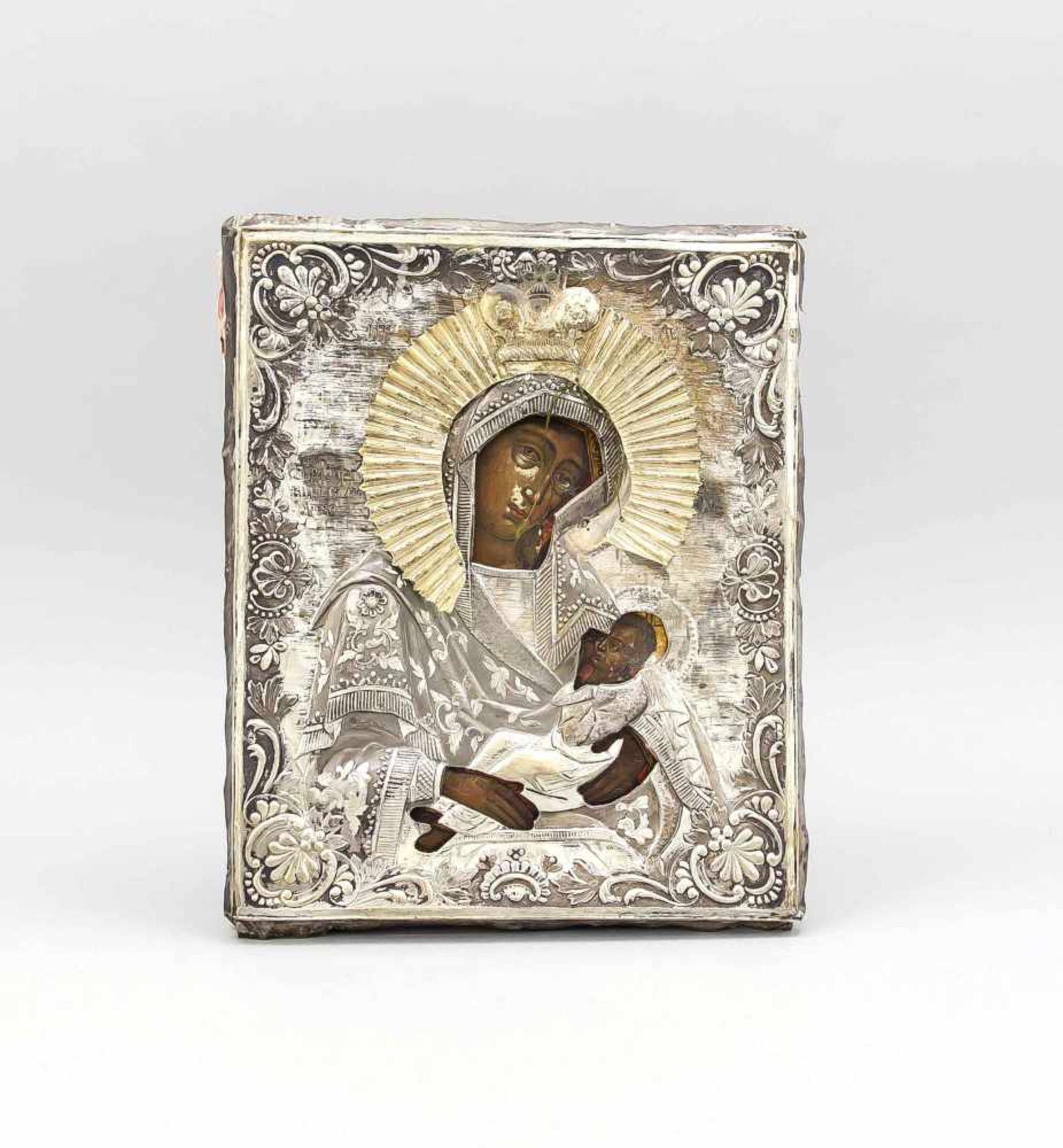 Ikone der Mutter Gottes, Russland, 19. Jh., Pigmente/Tempera auf Kreidegrund, Silberoklad(gelöst). - Bild 2 aus 2