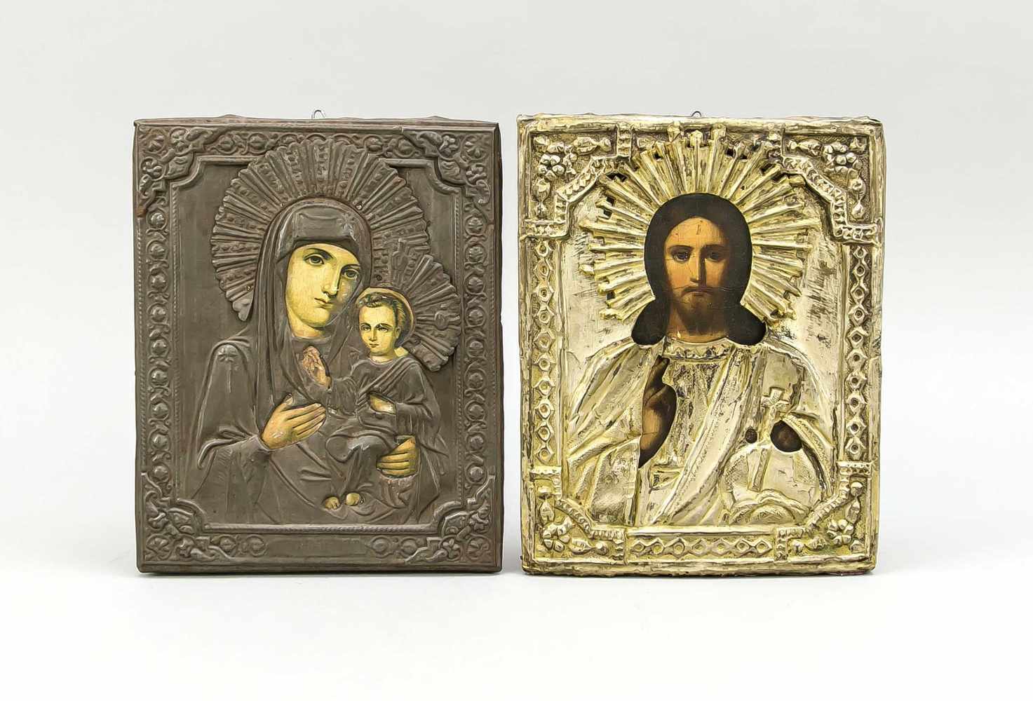 Zwei Ikonen, Russland, Ende 19. bzw. 20. Jh., 1x Christus Pantokrator, mit Metalloklad,auf Holz,