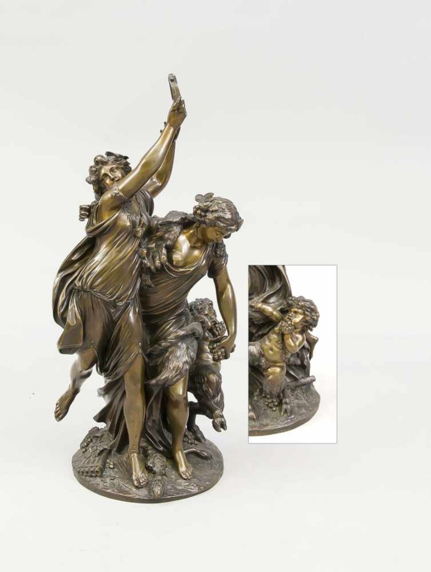 Claude Michel Clodion (1738-1814), große Bacchantengruppe mit kleinem Satyr, dunkelpatinierte Bronze