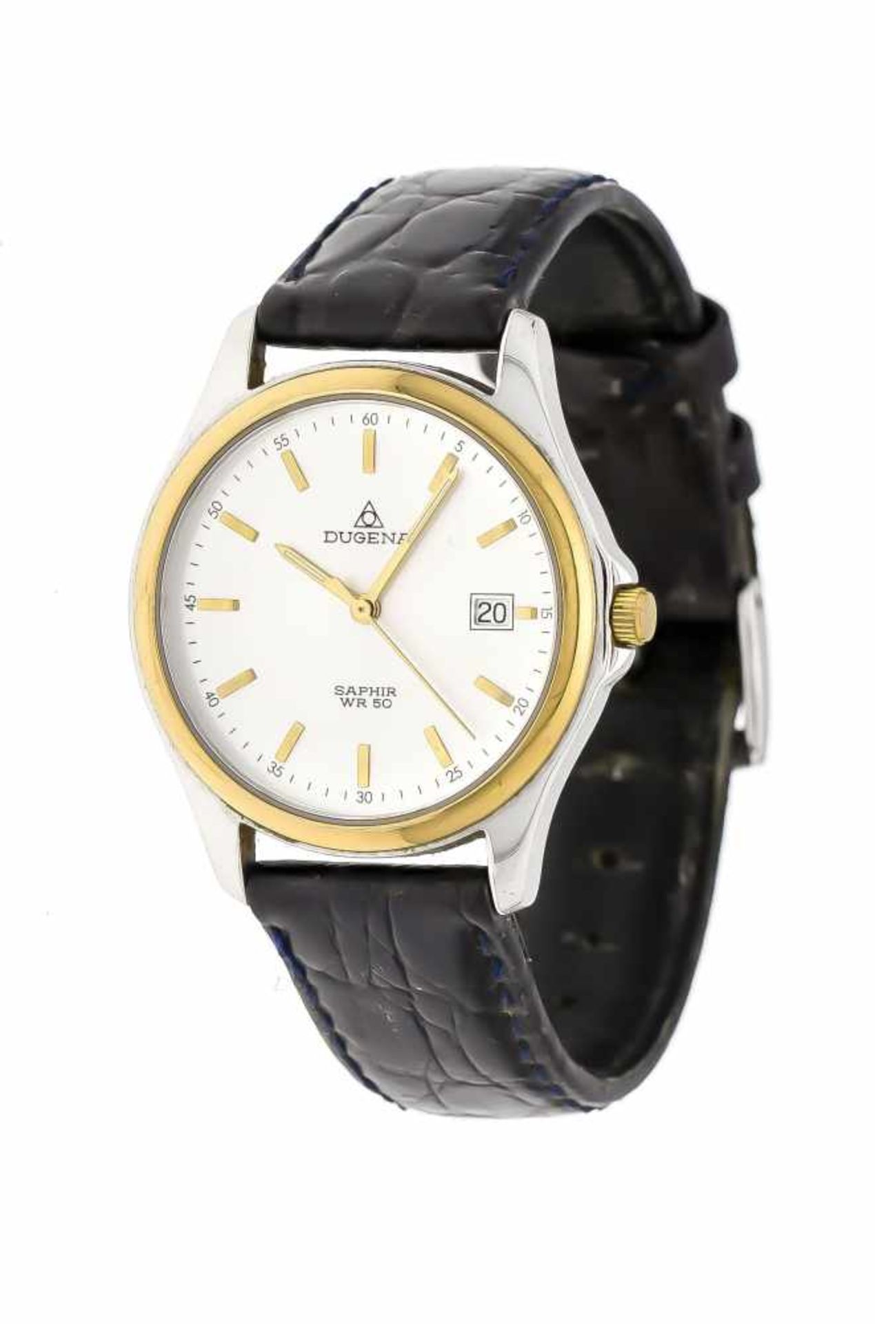Dugena Herrenquarzuhr bicolor, mit schwarzem Lederband, Uhr läuft, wd 50m, silberf.Zifferblatt mit