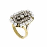 Perlen-Altschliff-Diamant-Ring GG/WG 585/000 mit 17 runden Perlen 3,5 mm undAltschliff-Diamanten,