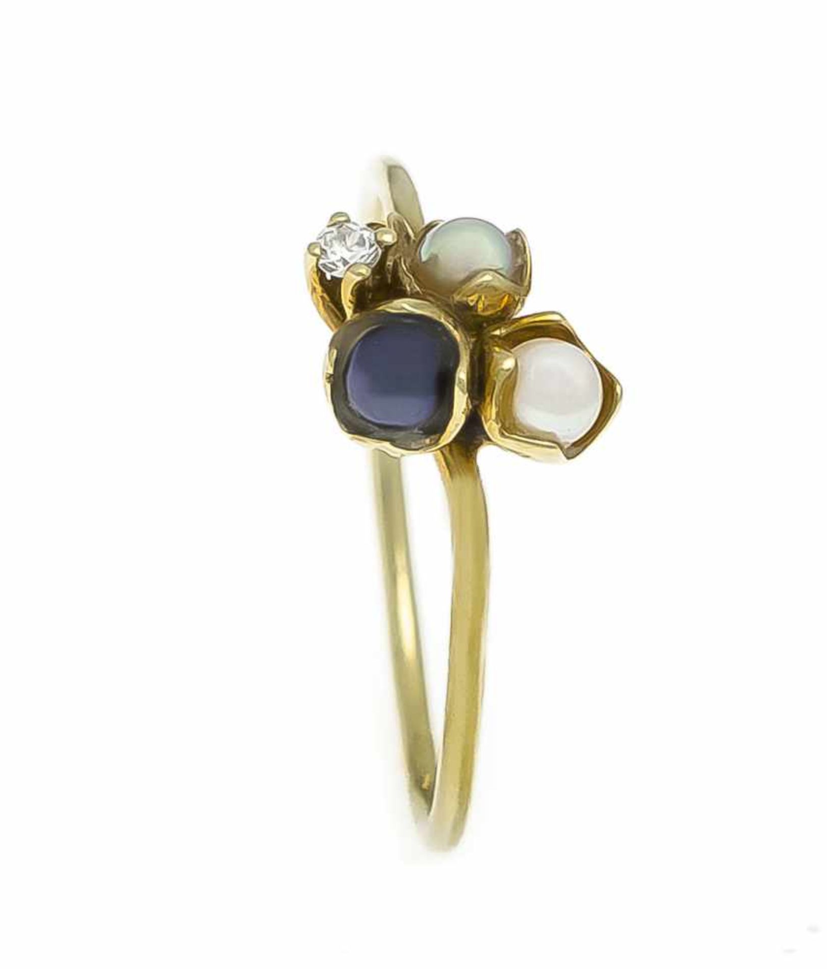 Perlen-Brillant-Ring GG 585/000 mit 3 runden Perlen in weiß, schwarz, silber und einemBrillanten 0,