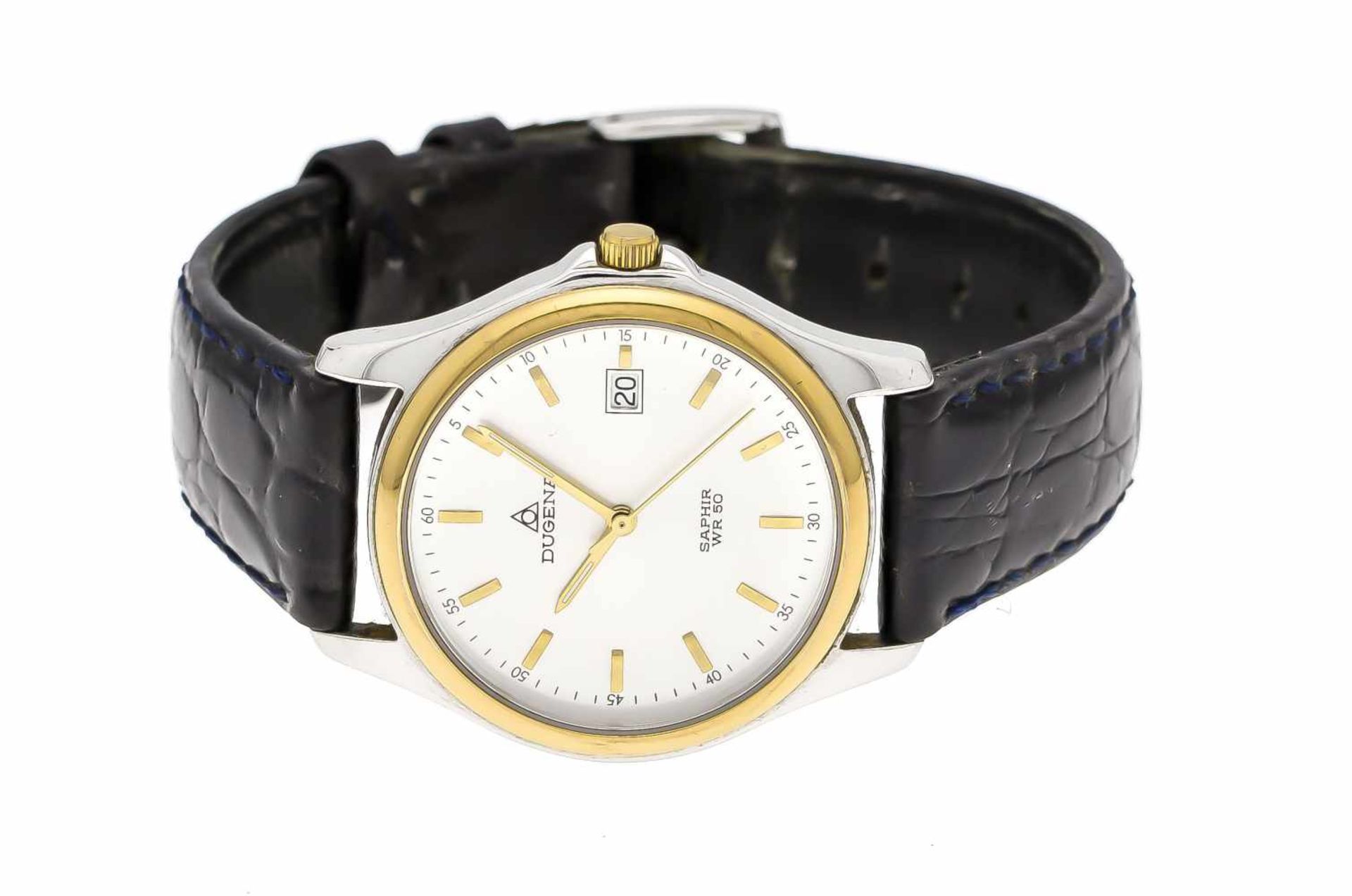 Dugena Herrenquarzuhr bicolor, mit schwarzem Lederband, Uhr läuft, wd 50m, silberf.Zifferblatt mit - Image 2 of 3