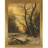 W. Speith, Düsseldorfer Maler um 1900, Reh in verschneiter Winterlandschaft im Abendlicht,Öl auf