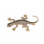 Smaragd-Altschliff-Diamant-Brosche Salamander RG 585/000 (Russland 56 punziert) mitAltschliff-