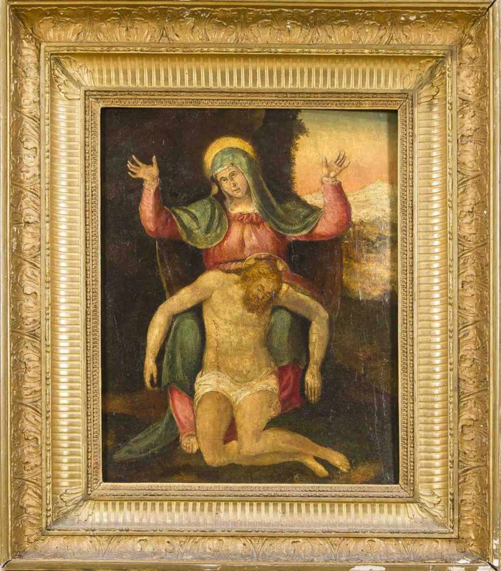 Italienischer Maler des 16. Jahrhunderts, Pietá, Öl auf Pappelholz (?), unsign., seltenerTypus des