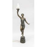 Große figürliche Bronzelampe, Fackelträgerin, 2. H. 20. Jh., zweifarbig patinierte Bronze,elektr.,