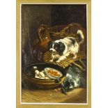 J.M. Kagehelland, Maler Anfang 20. Jh., Hund bellt eine Schale Eier an, Öl auf Lwd., u.re. sign., 60