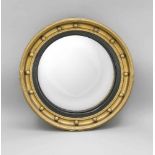 Runder Spiegel, 1. H. 20. Jh., Holz, stuckiert, partiell schwarz gefasst und vergoldet(bronziert),