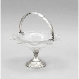 Biedermeier Kristallschale mit Silberhenkel, Holland, 19. Jh., Schale aus klarem,farblosen Glas,