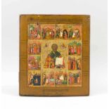 Ikone des Heiligen Nikolaus, Russland, wohl 19. Jh. Tempara auf Holz. Im Zentrum Nikolaus,die