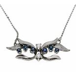 Saphir-Brillant-Collier WG 585/000 mit 6 rund fac. Saphiren 3 mm und 2 Brillanten, zus.0,22 ct TW-