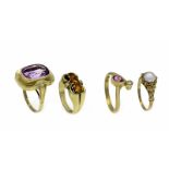 Konvolut 4 Ringe GG 585/000 mit einem fac. Amethyst 14 x 11 mm, 3 rund fac. Citrine 3,5mm, einem