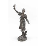 Charles Anfrie (1833-1905), junge Frau mit dem Strohhut winkend, patinierte Bronze, imrunden