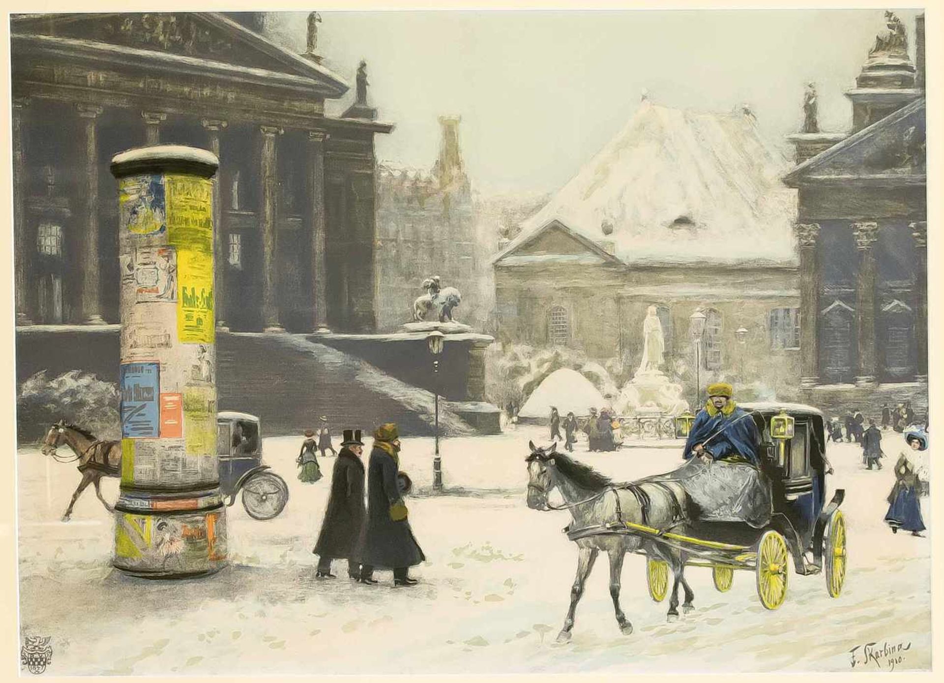 Franz Skarbina (1849-1910), Berlin: Winter am Gendarmenmarkt, Farblithographie auf Vélin,1910,