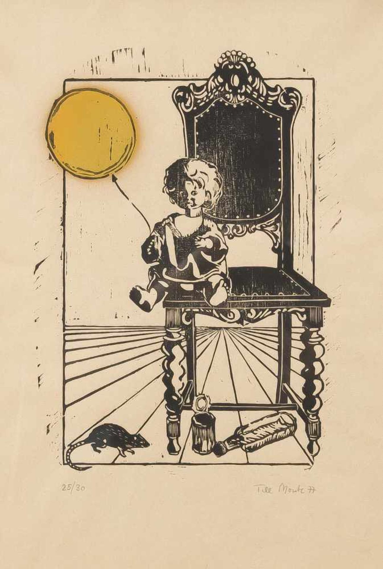 Till Monte (?), Grafiker 2. H. 20. Jh., surrealer Holzschnitt mit partieller Goldfarbe,Puppe mit