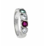 Smaragd-Rubin-Altschliff-Diamant-Ring GG/WG 750/000 mit einem rund fac. Smaragd 3,0 mmund Rubin 3,