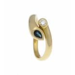 Saphir-Brillant-Ring GG 750/000 mit einem fac. Saphirtropfen 5 x 3 mm und einemBrillanten 0,12 ct