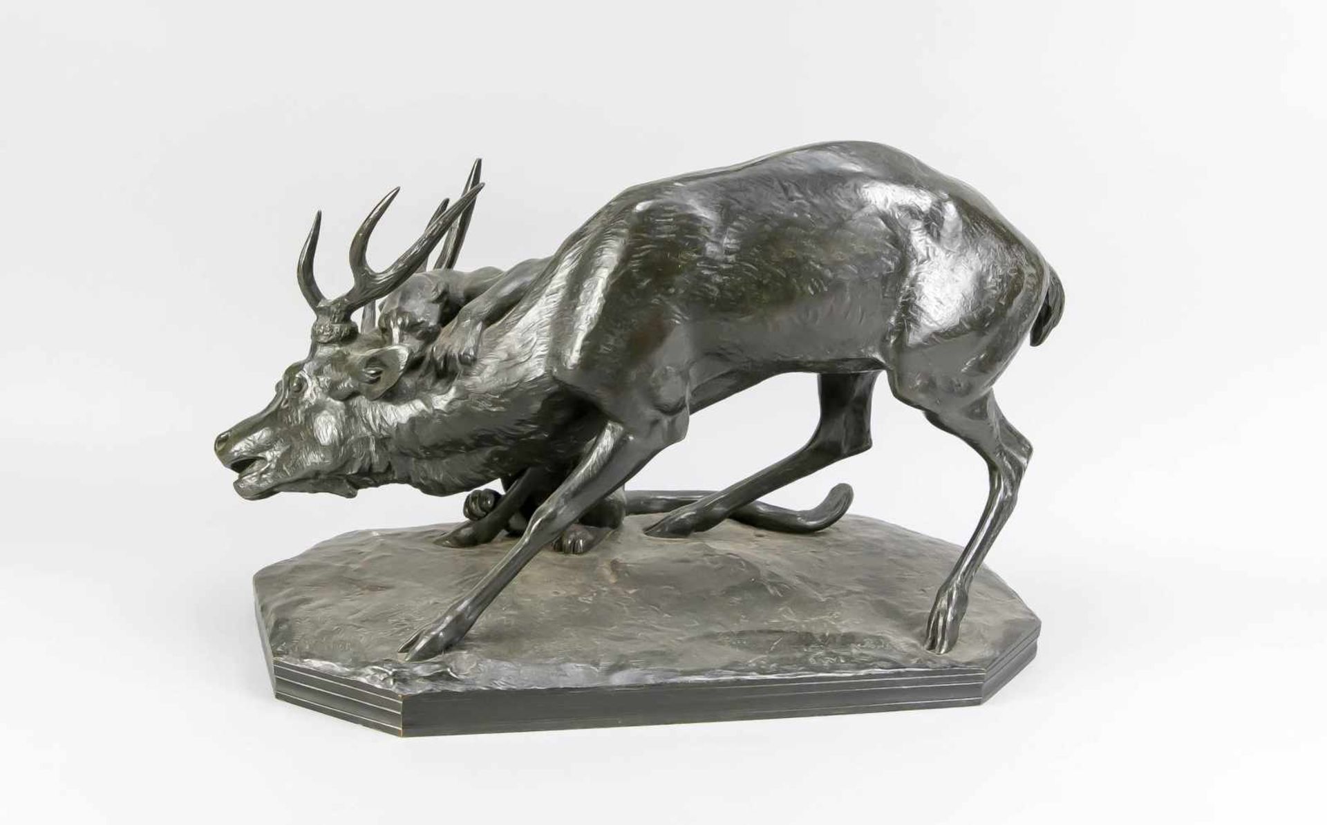 Antoine-Louis Barye (1796-1875), Panther einen Hirsch angreifend, große Bronzegruppe,dunkelgrün - Bild 2 aus 2